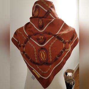 must de Cartier Large Square Silk Scarf Rust Red Gold Chain  Logo Print